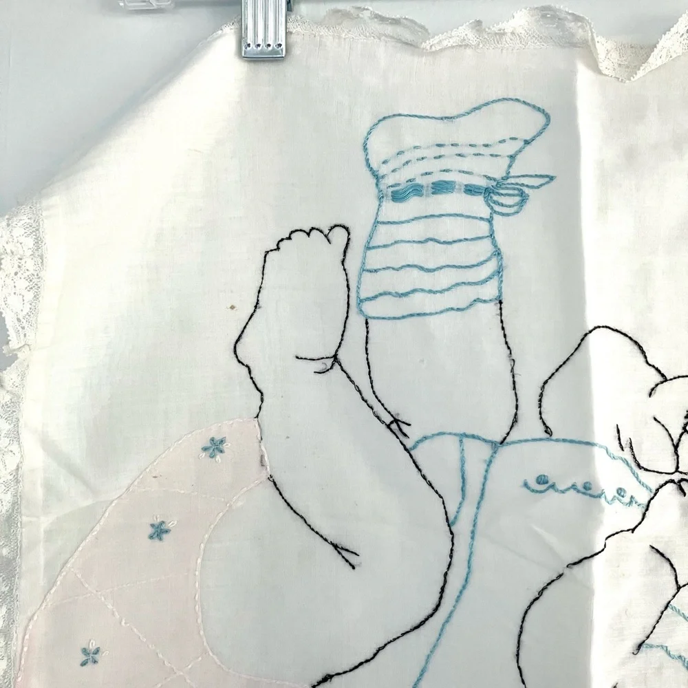 Vintage 20’s sheer cotton embroidered baby pillowcase lace trim